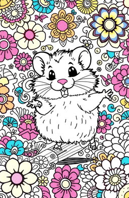 A whimsical coloring book page featuring a running hamster, surrounded by vivid patterns and intricate designs
