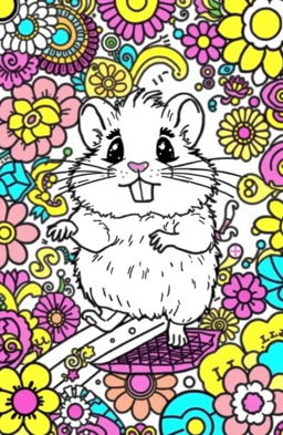 A whimsical coloring book page featuring a running hamster, surrounded by vivid patterns and intricate designs