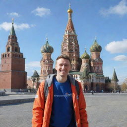 A modern volunteer in Russia, donned in casual attire, standing in front of a recognizable Russian landmark with a big-hearted smile