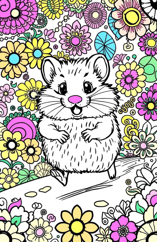 A whimsical coloring book page featuring a running hamster, surrounded by vivid patterns and intricate designs