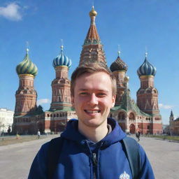 A modern volunteer in Russia, donned in casual attire, standing in front of a recognizable Russian landmark with a big-hearted smile