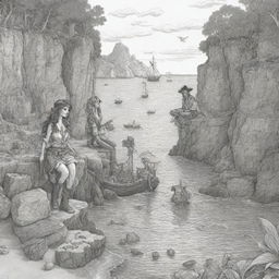 A detailed cove filled with gold and treasure, featuring a young man and woman experiencing a pirate adventure, rendered as black and white line art suitable for a coloring page