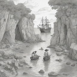 A detailed cove filled with gold and treasure, featuring a young man and woman experiencing a pirate adventure, rendered as black and white line art suitable for a coloring page