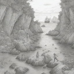 A detailed cove filled with gold and treasure, featuring a young man and woman experiencing a pirate adventure, rendered as black and white line art suitable for a coloring page