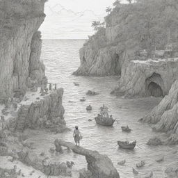 A detailed cove filled with gold and treasure, featuring a young man and woman experiencing a pirate adventure, rendered as black and white line art suitable for a coloring page