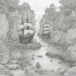 A hidden cove showcasing pirates on a treasure adventure, rendered as black and white line art suitable for a coloring page.