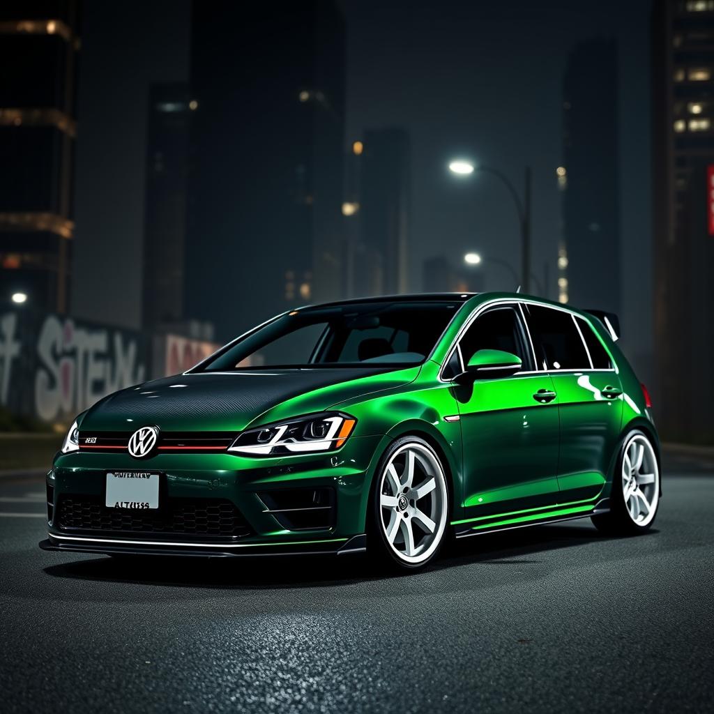 A dark green Mk7 VW Golf with an aftermarket carbon fiber hood and custom body kit, featuring striking white wheels, parked in a dark, moody city environment