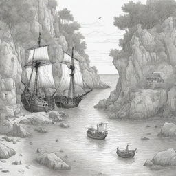 A hidden cove showcasing pirates on a treasure adventure, rendered as black and white line art suitable for a coloring page.