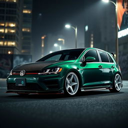 A dark green Mk7 VW Golf with an aftermarket carbon fiber hood and custom body kit, featuring striking white wheels, parked in a dark, moody city environment
