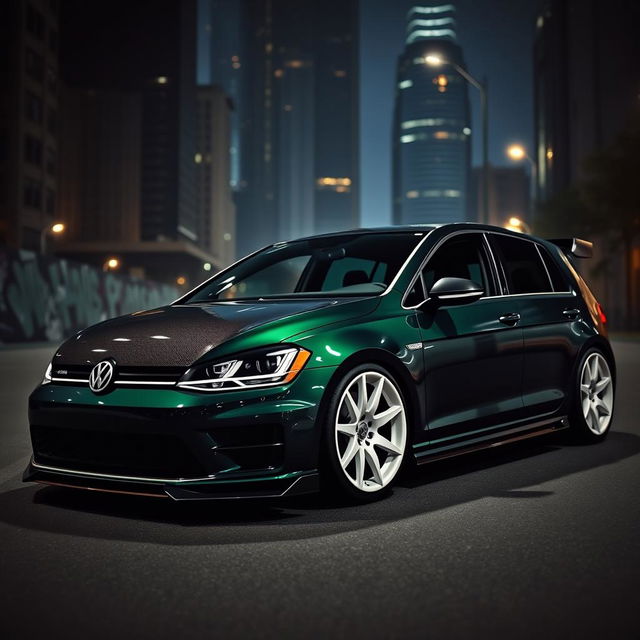 A dark green Mk7 VW Golf with an aftermarket carbon fiber hood and custom body kit, featuring striking white wheels, parked in a dark, moody city environment