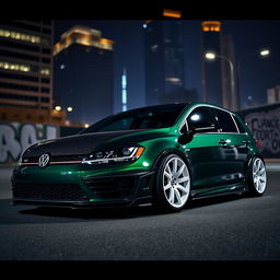 A dark green Mk7 VW Golf with an aftermarket carbon fiber hood and custom body kit, featuring striking white wheels, parked in a dark, moody city environment