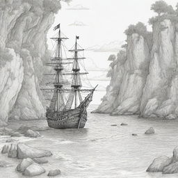 A hidden cove showcasing pirates on a treasure adventure, rendered as black and white line art suitable for a coloring page.