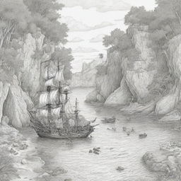 A hidden cove showcasing pirates on a treasure adventure, rendered as black and white line art suitable for a coloring page.