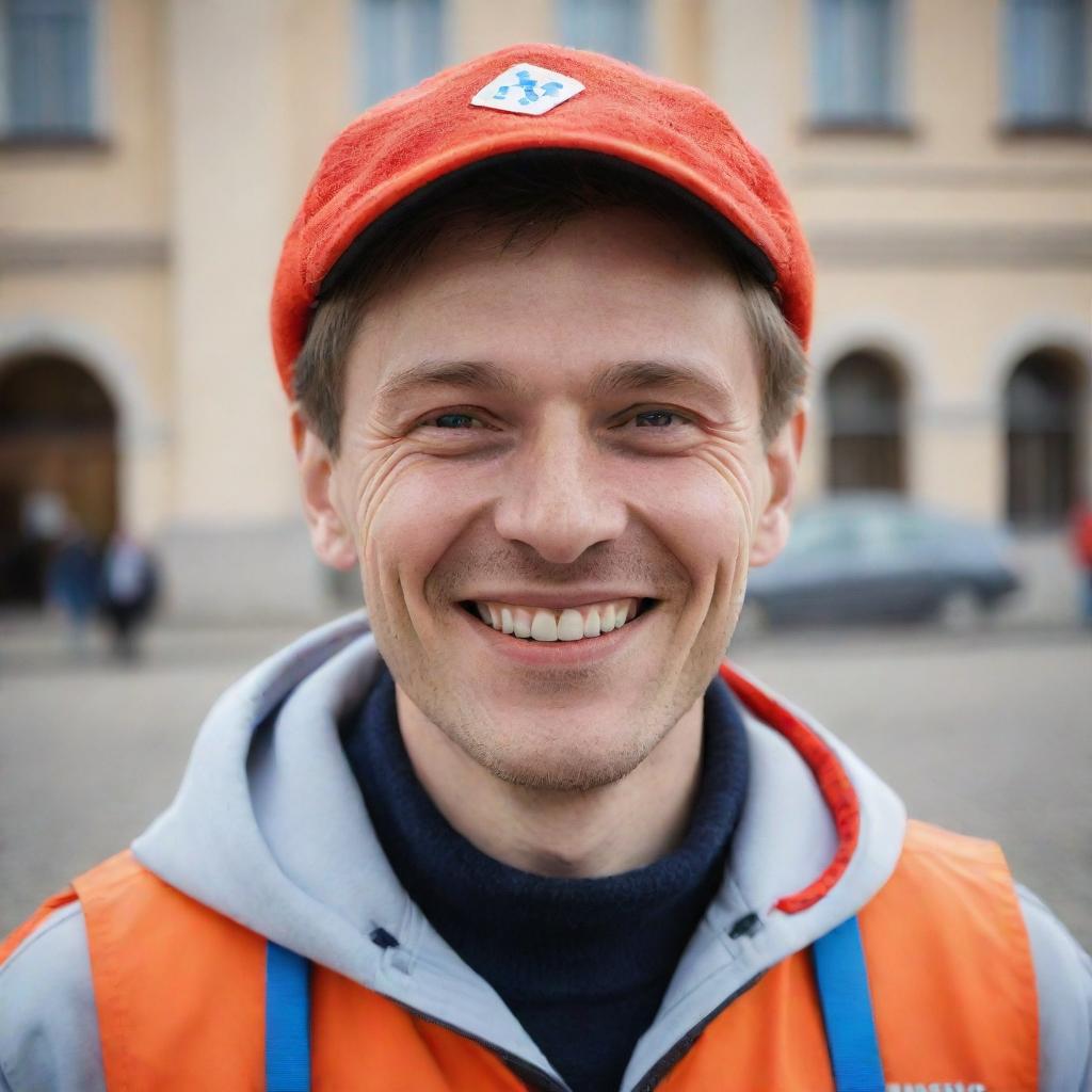 A realistic portrait of a modern volunteer in Russia, smiling warmly