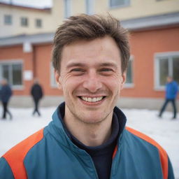 A realistic portrait of a modern volunteer in Russia, smiling warmly