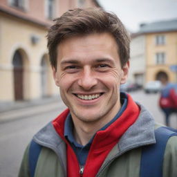 A realistic portrait of a modern volunteer in Russia, smiling warmly