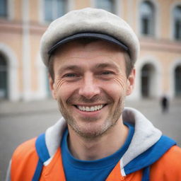 A realistic portrait of a modern volunteer in Russia, smiling warmly