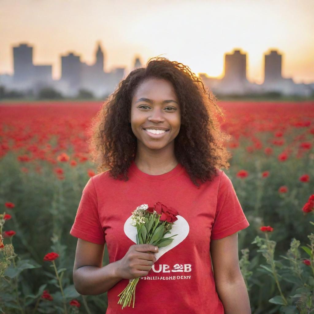 Generate an image of a young, kind-faced woman in a red volunteer t-shirt, standing amid a floral field against a sunset backdrop