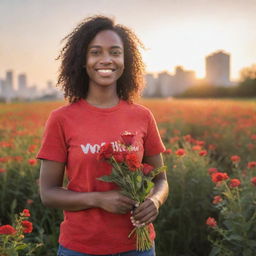 Generate an image of a young, kind-faced woman in a red volunteer t-shirt, standing amid a floral field against a sunset backdrop