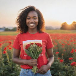 Generate an image of a young, kind-faced woman in a red volunteer t-shirt, standing amid a floral field against a sunset backdrop