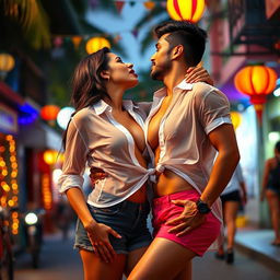 Sensual Radhika Seth in a flirty short skirt, adorned with striking red lipstick, is in the midst of removing her transparent shirt, revealing her alluring cleavage and navel