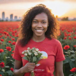 Generate an image of a young, kind-faced woman in a red volunteer t-shirt, standing amid a floral field against a sunset backdrop