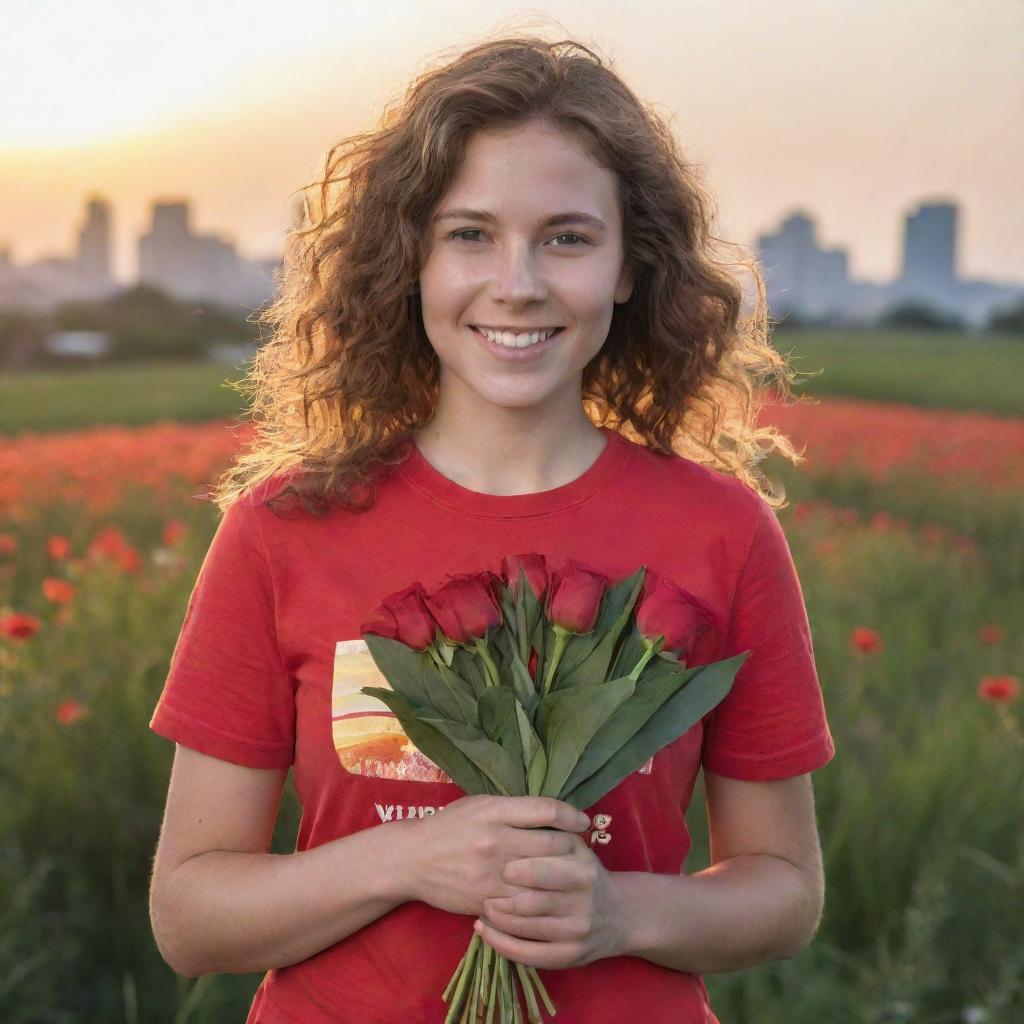 Generate an image of a young, kind-faced Caucasian woman, in a red volunteer t-shirt, standing in a floral field under a sunset