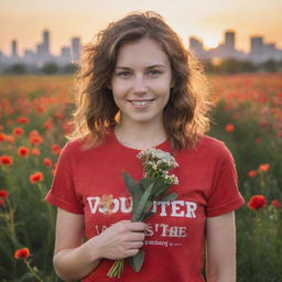 Generate an image of a young, kind-faced Caucasian woman, in a red volunteer t-shirt, standing in a floral field under a sunset