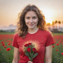 Generate an image of a young, kind-faced Caucasian woman, in a red volunteer t-shirt, standing in a floral field under a sunset