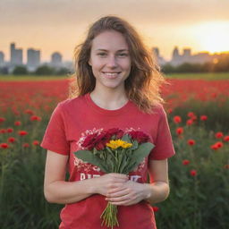 Generate an image of a young, kind-faced Caucasian woman, in a red volunteer t-shirt, standing in a floral field under a sunset