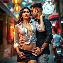 Sensual Radhika Seth in a stylish short skirt, enhanced with alluring red lipstick, depicted in the process of removing her transparent shirt, revealing captivating cleavage and a hint of her navel