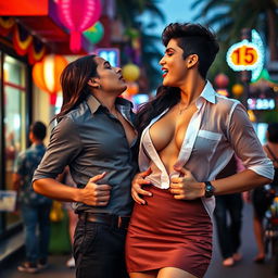 Sensual Radhika Seth in a stylish short skirt, accentuated by vibrant red lipstick, depicted in the act of removing her transparent shirt, revealing enticing cleavage and a hint of her navel