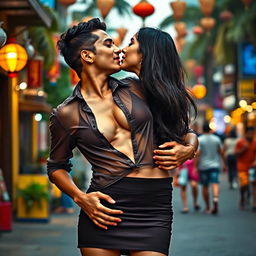 Sensual Radhika Seth in a stylish short skirt, accentuated by vibrant red lipstick, depicted in the act of removing her transparent shirt, revealing enticing cleavage and a hint of her navel