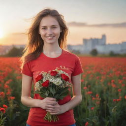 Generate an image of a kind-faced, young woman volunteer in Russia