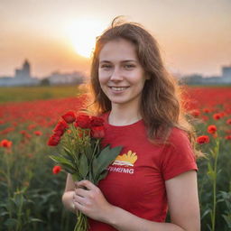 Generate an image of a kind-faced, young woman volunteer in Russia