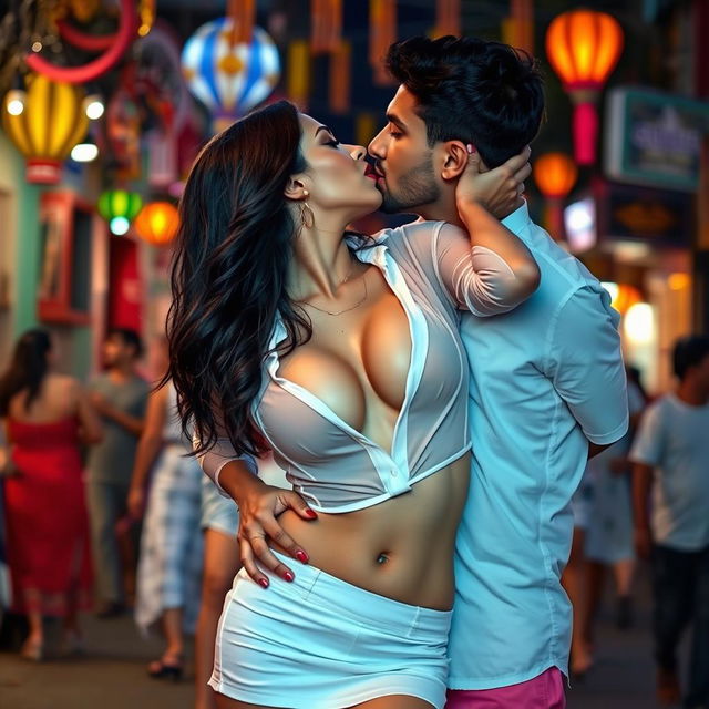 Sensual Radhika Seth, dressed in a chic short skirt and bold red lipstick, is portrayed in a moment of allure as she removes her transparent shirt, revealing her enticing cleavage and navel