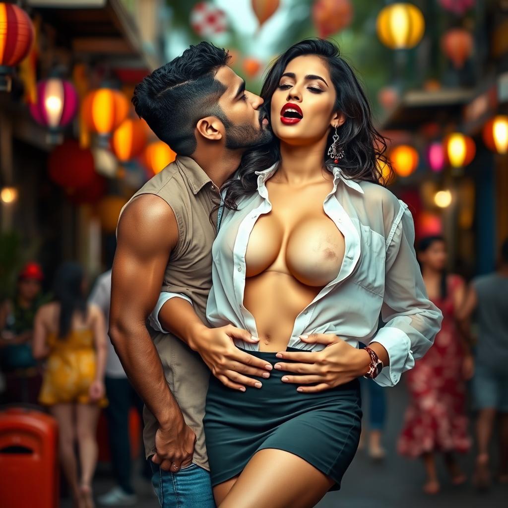 Sensual Radhika Seth, dressed in a chic short skirt and bold red lipstick, is portrayed in a moment of allure as she removes her transparent shirt, revealing her enticing cleavage and navel