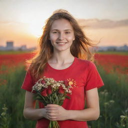 Generate an image of a kind-faced, young woman volunteer in Russia