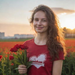 Generate an image of a kind-faced, young woman volunteer in Russia