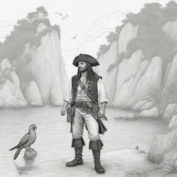 A secluded cove scene showcasing a pirate on an adventure, complete with a parrot perched on his shoulder, rendered as black and white line art suitable for a coloring page