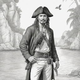 A secluded cove scene showcasing a pirate on an adventure, complete with a parrot perched on his shoulder, rendered as black and white line art suitable for a coloring page