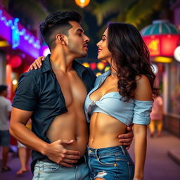 Sensual Radhika Seth in trendy denim shorts, adorned with bold red lipstick, depicted in the act of removing her crop top, revealing enticing cleavage and a glimpse of her navel