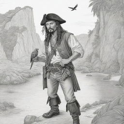 A secluded cove scene showcasing a pirate on an adventure, complete with a parrot perched on his shoulder, rendered as black and white line art suitable for a coloring page