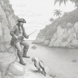 A secluded cove scene showcasing a pirate on an adventure, complete with a parrot perched on his shoulder, rendered as black and white line art suitable for a coloring page