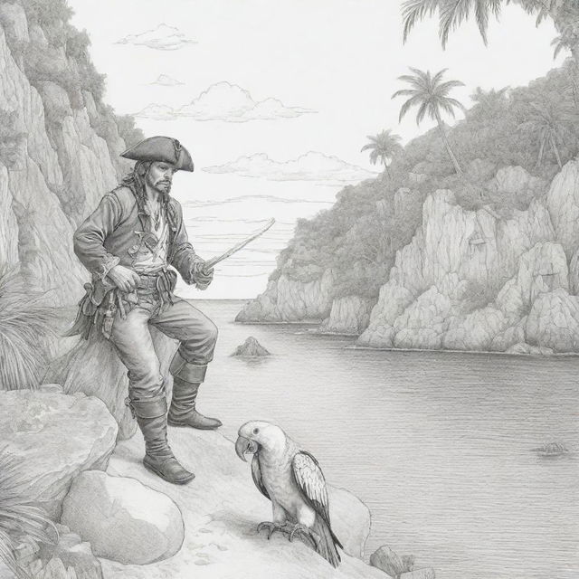 A secluded cove scene showcasing a pirate on an adventure, complete with a parrot perched on his shoulder, rendered as black and white line art suitable for a coloring page