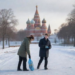 A modern-day volunteer in Russia, seen wearing warm clothing, picking up litter in a frozen park with grand Soviet-era architecture in the background