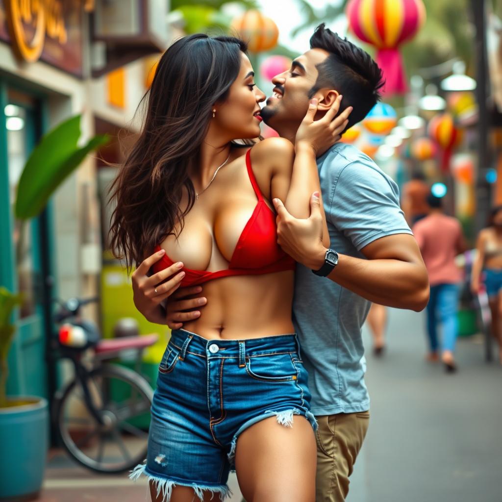 Sensual Radhika Seth in fashionable denim shorts, adorned with striking red lipstick, captured in the moment of removing her crop top, revealing alluring cleavage and a glimpse of her navel