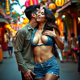 Sensual Radhika Seth in fashionable denim shorts, adorned with striking red lipstick, captured in the moment of removing her crop top, revealing alluring cleavage and a glimpse of her navel
