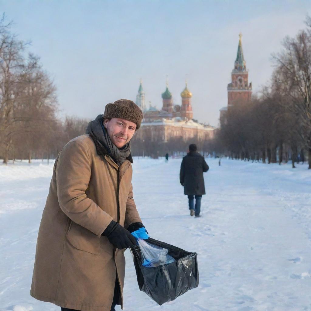 A modern-day volunteer in Russia, seen wearing warm clothing, picking up litter in a frozen park with grand Soviet-era architecture in the background