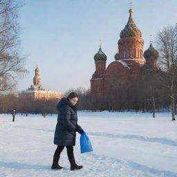 A modern-day volunteer in Russia, seen wearing warm clothing, picking up litter in a frozen park with grand Soviet-era architecture in the background